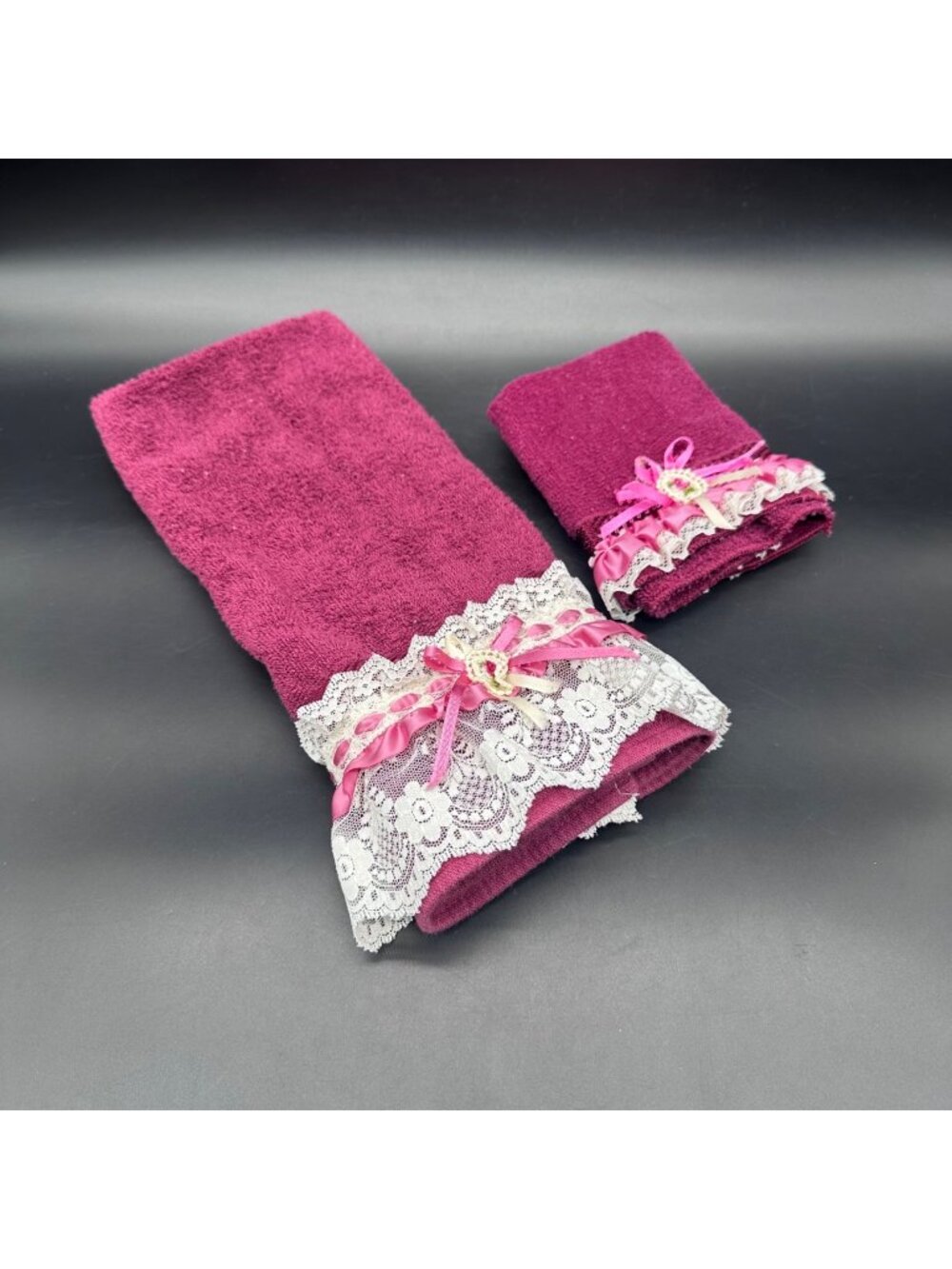 Vintage Maroon Hand Towel Washcloth Set Lace Pink Ribbon 90s Granny Cottagecore